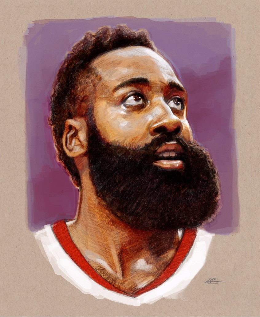 illustration of Editorial Portrait Spot Illustration of Houston Rockets Superstar James Harden done with Graphite Pencil and Digital Color. Editorial, Portrait, Spot Illustration, Basketball, NBA, Sports, Houston, Rockets, James Harden, Pencil, Digital, Realism.