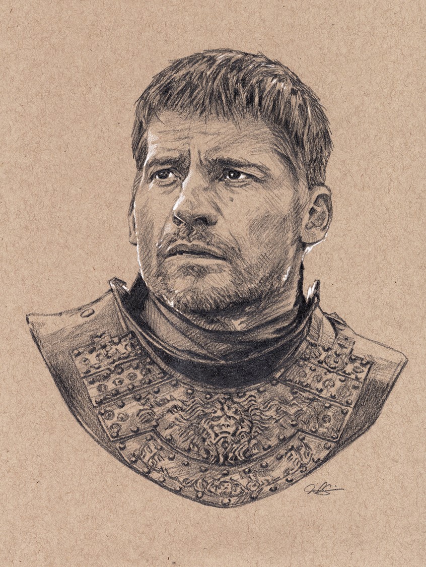 illustration of Editorial Portrait Spot Illustration of Nikolaj Coster-Waldau as Jaime Lannister from HBOs hit Television series Game of Thrones, done with Graphite Pencil. Editorial, Portrait, Spot Illustration, Actor, Television, Entertainment, HBO, Nikolaj Coster-Waldau, Jaime Lannister, Game of Thrones, Pencil, Realism, Fantasy.