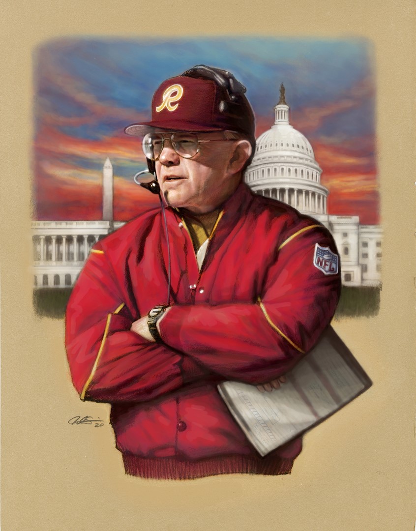 illustration of Editorial Portrait Illustration of Washington D.C. Football Hall of Fame Head Coach Joe Gibbs. Editorial, Spot Illustration, Portrait, Landscape, Sun Set, Monuments, Washington D.C., Washington Redskins, Football, NFL, Head Coach, Capitol Building, Washington Monument, Sports, Illustration, Hall of Fame, Mike O'Brien, Wheelhouse Art