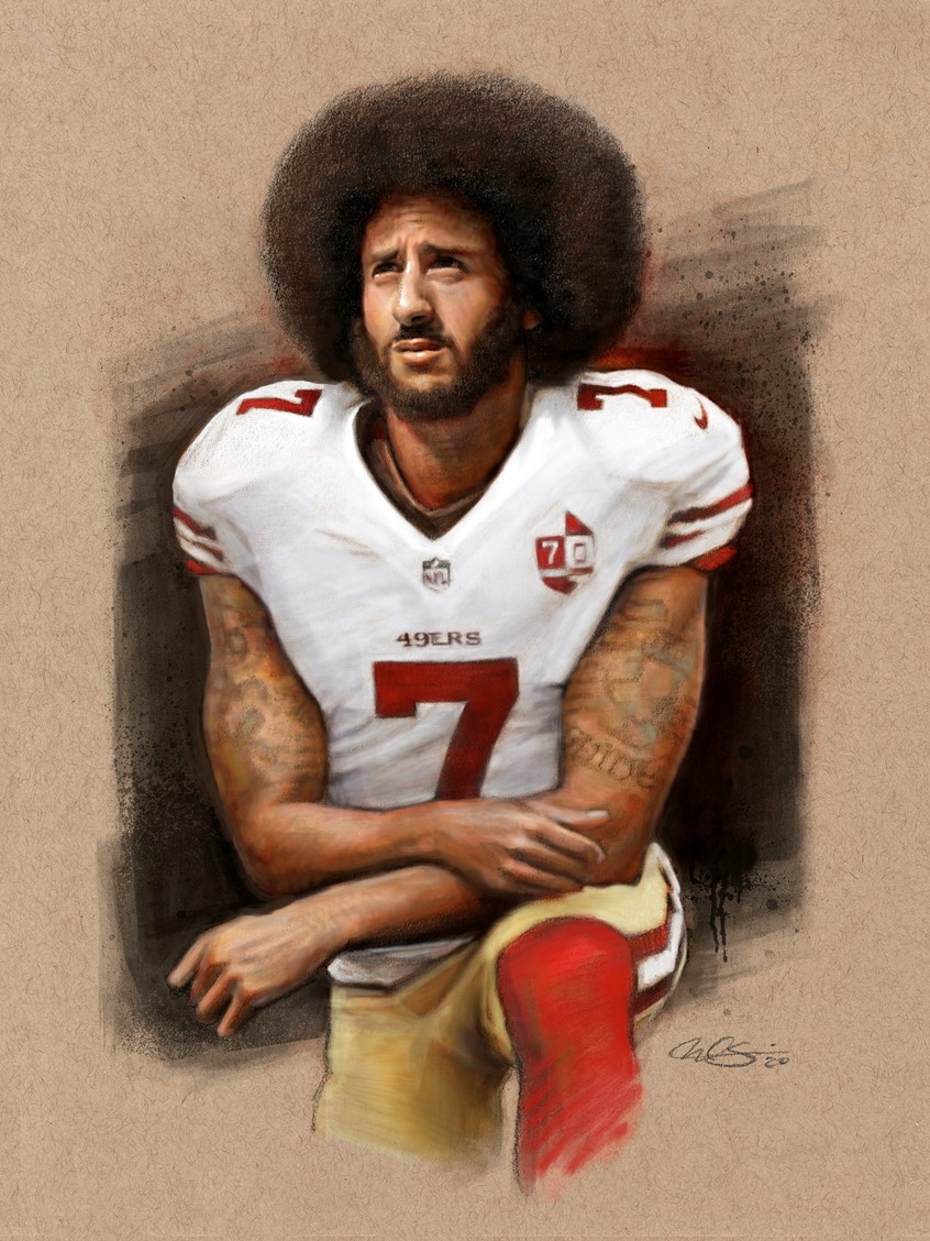 illustration of Editorial Spot Portrait Illustration of NFL Quarterback and Civil Rights Activist Colin Kaepernick. Editorial, Spot Illustration, Portrait, Illustration, NFL, Football, Quarterback, Colin Kaepernick, Kaepernick, Civil Rights, Black Lives Matter, I Can't Breathe, Civil Rights Activist, Protest, Peaceful Protest, Kneeling