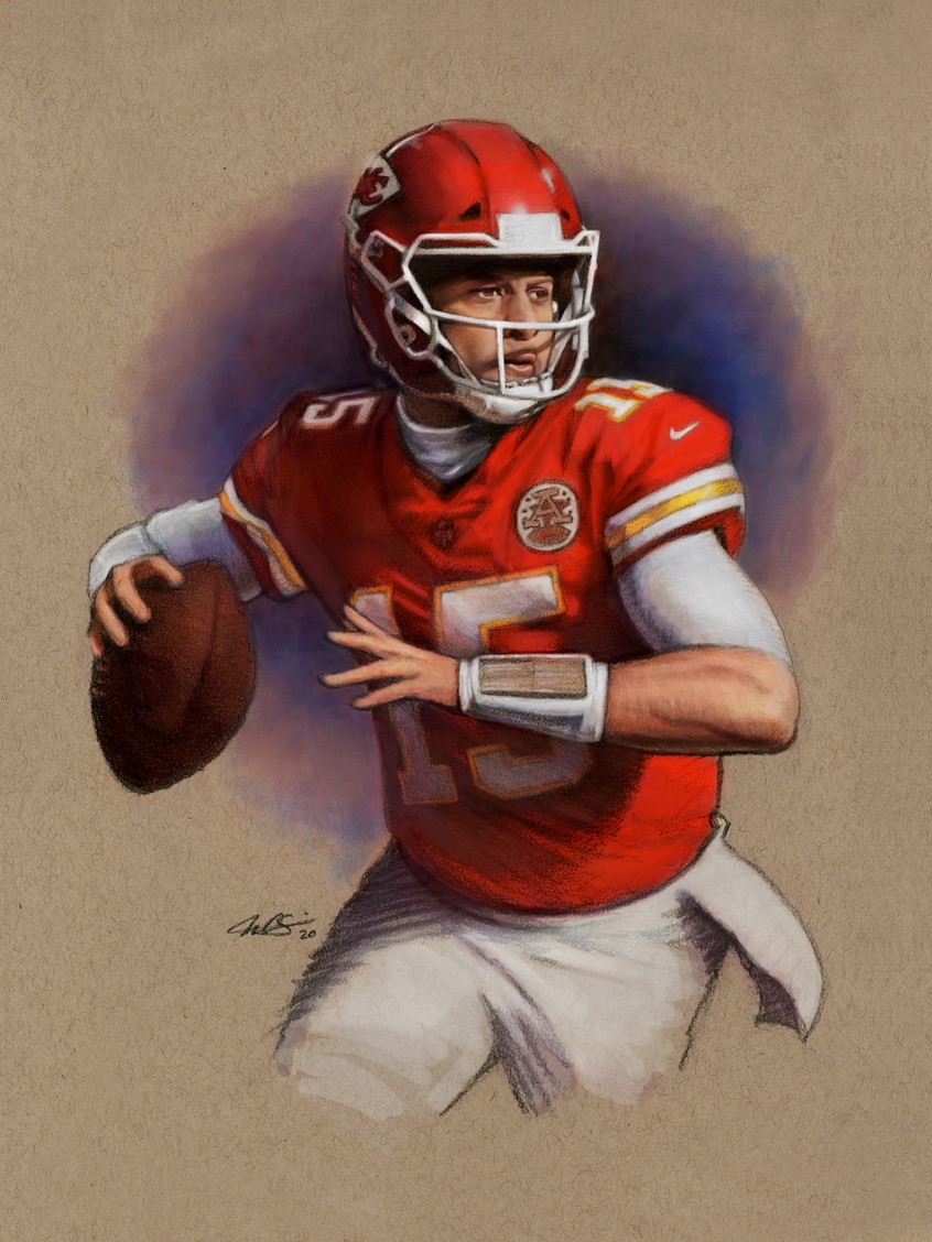 illustration of Editorial Spot Illustration of Kansas City Chiefs Quarterback and NFL MVP Patrick Mahomes. Editorial, Spot Illustration, Sports, NFL, Football, Kansas City, Kansas City Chiefs, Chiefs, MVP, Quarterback, Pat Mahomes, Patrick Mahomes, Throwing, Action, Mike O'Brien, Wheelhouse Art