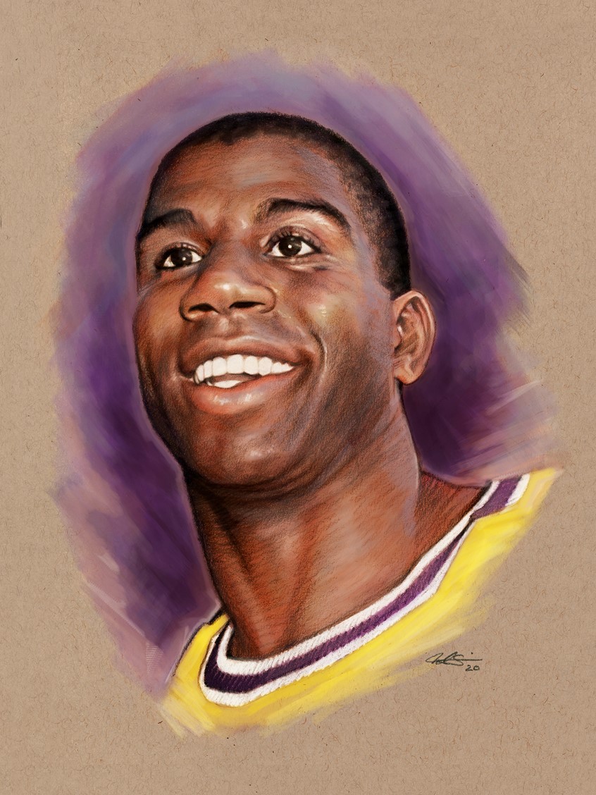 illustration of Editorial Spot Portrait Illustration of Los Angeles Lakers Hall of Fame NBA Point Guard Magic Johnson. Editorial, Spot Illustration, Portrait, Portrait Illustration, Digital Painting, Drawing, Mixed Media Illustration, NBA, Basketball, Hall of Fame, Legend, Magic, Magic Johnson, Sports, Realism, Realistic, Mike O'Brien, Wheelhouse Art