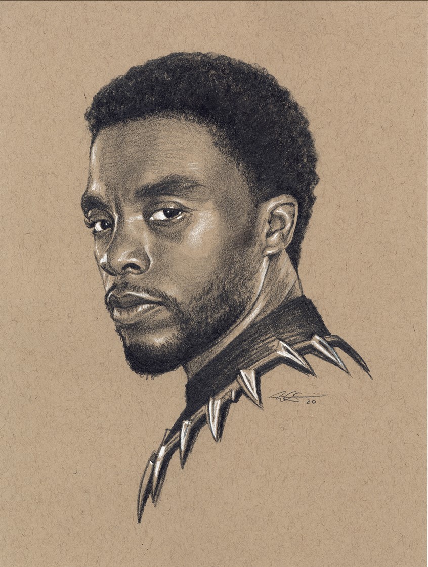 illustration of Editorial Portrait Spot Illustration of American Actor Chadwick Boseman, star of Marvel Studios Black Panther. Editorial, Portrait, Spot Illustration, Black and White, Drawing, Celebrity, Actor, Chadwick Boseman, Marvel Studios, Black Panther, Comic Book, Comic Book Movie, Avengers, Mike O'Brien, Wheelhouse Art.