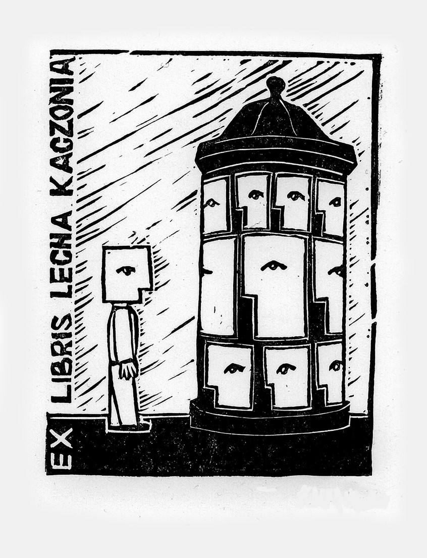illustration of Bookplate / Ex libris created as a commission for the Director of the Advertisement institute in Poland. Printmaking, linocut.