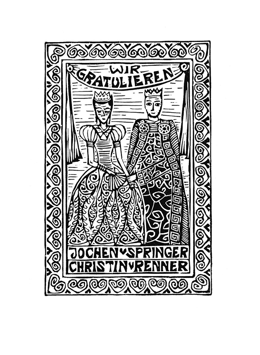 illustration of Bookplate / Ex libris with motive of Princess and Prince. It is a Congratulation Card created for the Wedding. Linocut, printmaking.