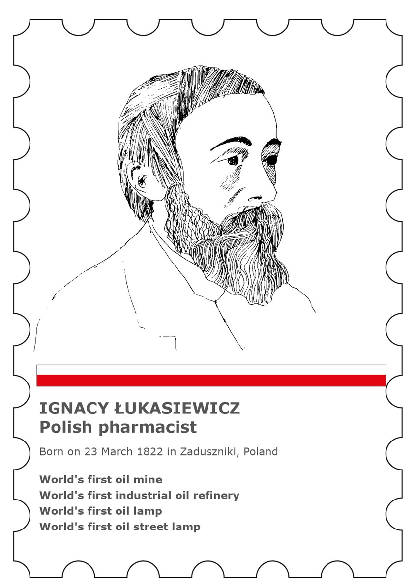 illustration of Illustration for poster celebrating Polish Day organised by EMA and Embassy of Poland in London. Portrait of Ignacy Lukasiewicz.