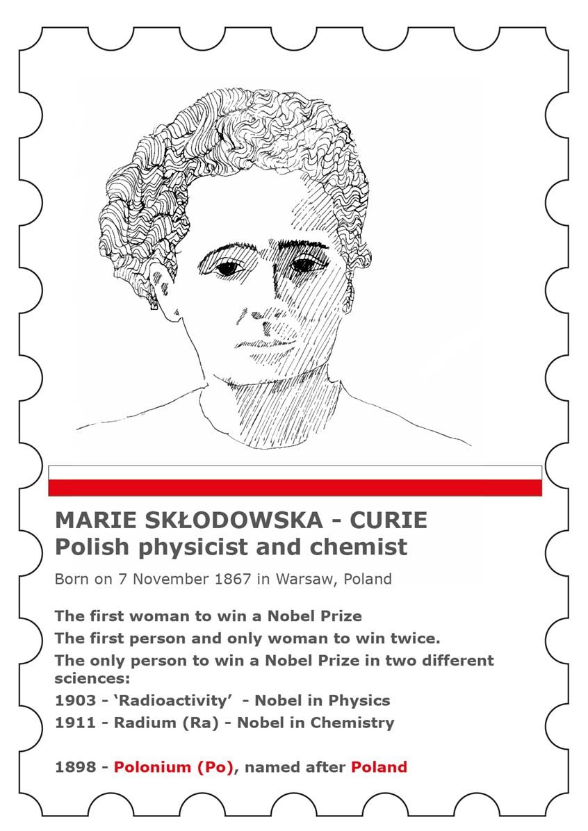 illustration of Illustration for poster celebrating Polish Day organised by EMA and Embassy of Poland in London. Portrait of Maria Sklodowska - Curie.