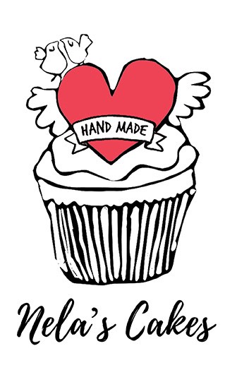 illustration of Logo for Nela's Cakes artistic, raw, organic chocolates and cakes produced from fresh, unprocessed ingredients. Branding is reflecting the organic, raw nature of the products