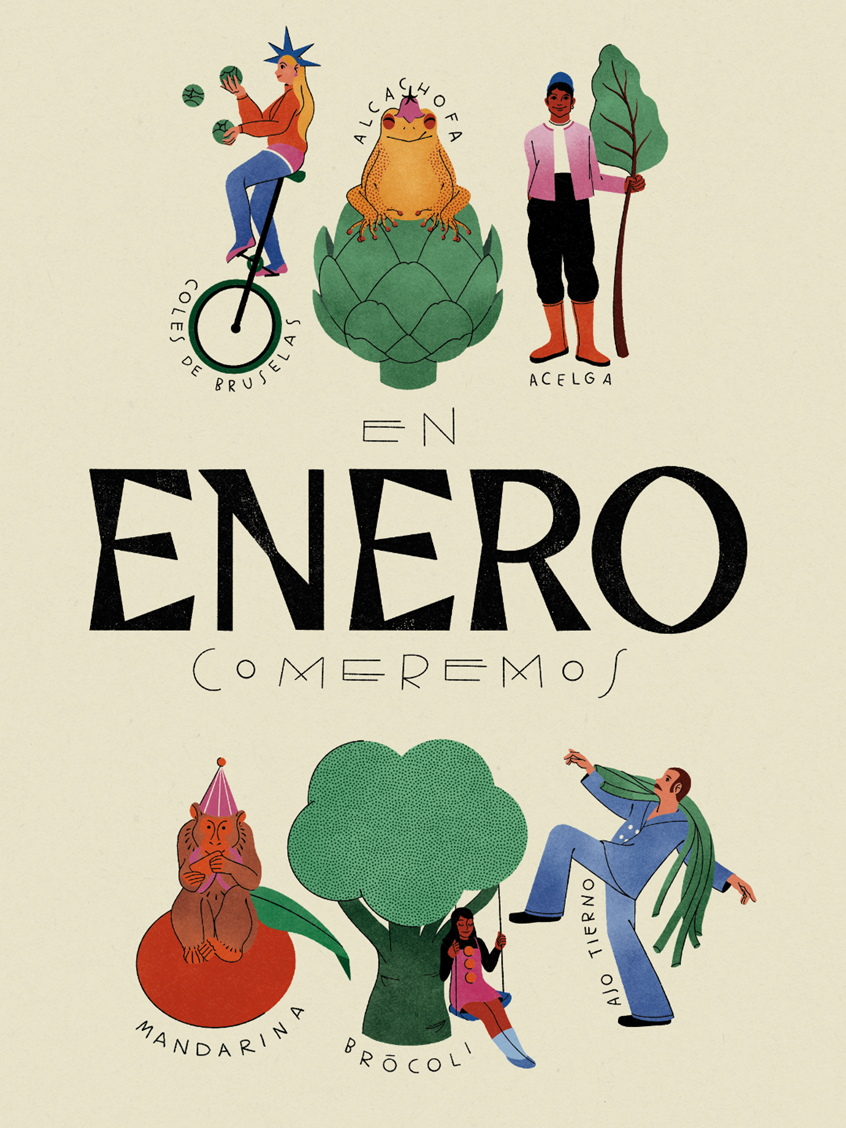 illustration of Illustration about seasonal foods to eat in January, here in Peninsular Spain, served with a pinch of humor. Personal work.
.
Food
Gastronomy
Seasonal
Produce
Celebration
Brussel Sprouts
Tangerine
Artichoke
Broccoli
Spring Onion
Chard
Vegetables
Fruits