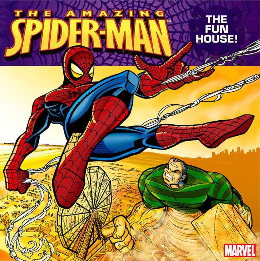 illustration of Peter Parker is attending Mary Jane's fashion show on Coney Island. All is well until the Sandman decides to invade from the beach nearby. But, Spiderman leaps into action and leads the Sandman on a wild and dusty chase across the Coney Island amusement park until he's finally met his fate. / Spiderman - The Fun House / 22Pg. Storybook / 2007 Marvel - Meredith Books