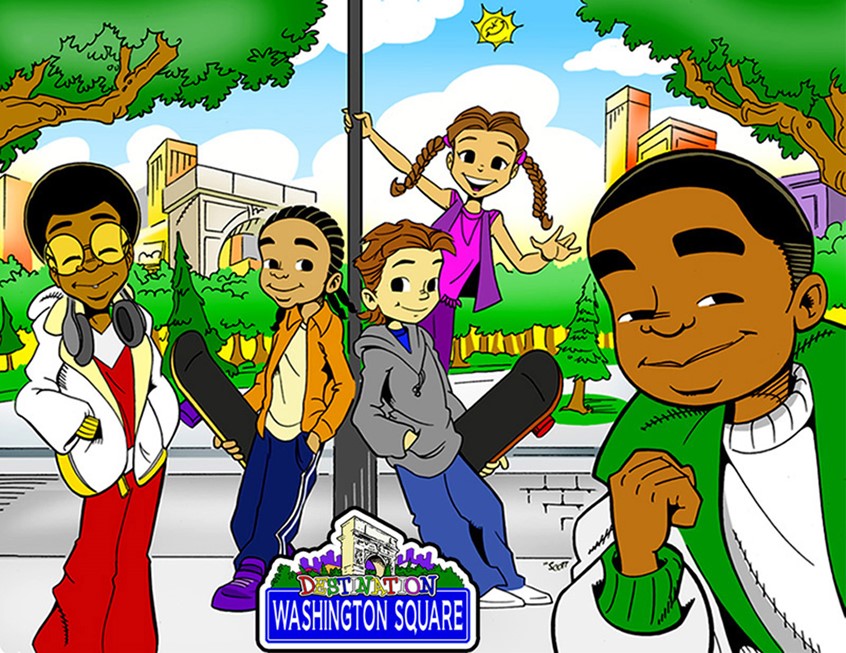 illustration of Destination - Washington Square - The cartoon collaboration of Mr Scott and Reggae music artist Laza morgan. / A pack of best friends in NYC who use their secret super powers to help neighborhood children. / currently in development