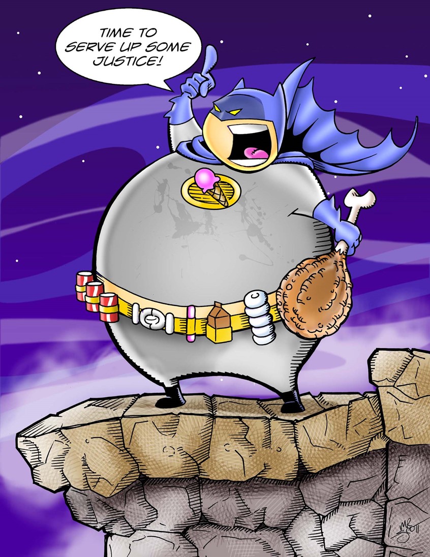 illustration of No deli case, turkey leg or deviled egg stands a chance when FATBACK hits the streets. He munches through the midnight hours serving up justice Super-Sized! :p
Fatback and Drumstick by Mr Scott