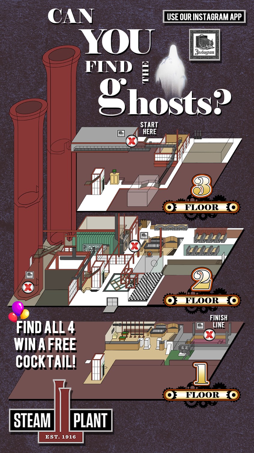 illustration of Originally built in 1916 the Steam Plant in Spokane, Washington is an architectural marvel. Since its closing in 1986 it has been reborn as a high-end Restaurant-Shopping & Office space. / In 2018 Mr Scott was commissioned to produce a scale rendering of the interior to be used with their AR/App+Mobile Game. /You can take a virtual tour here: https://my.matterport.com/show/?m=FGDytg3S6JF