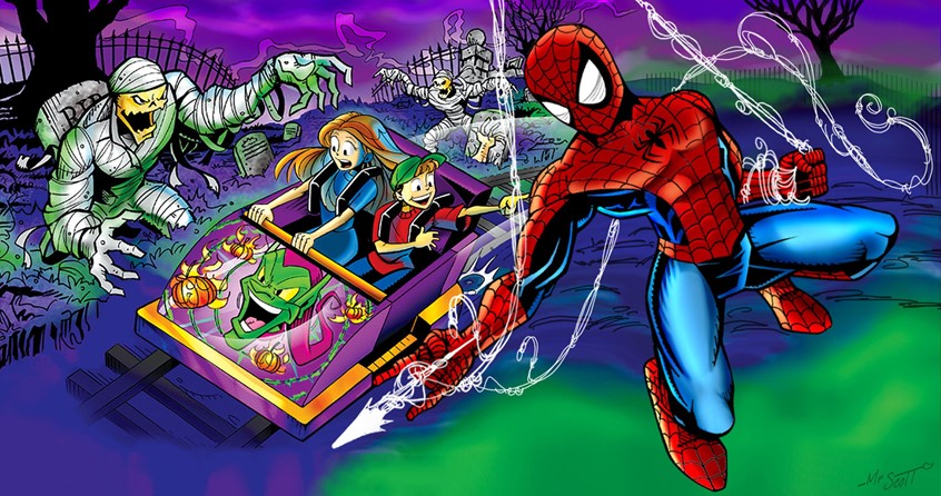 illustration of Spiderman ducks into the fun house to distract the Sandman. / Interior Page / Spiderman - The Fun House / 22Pg Storybook / 2007 Marvel - Meredith Books