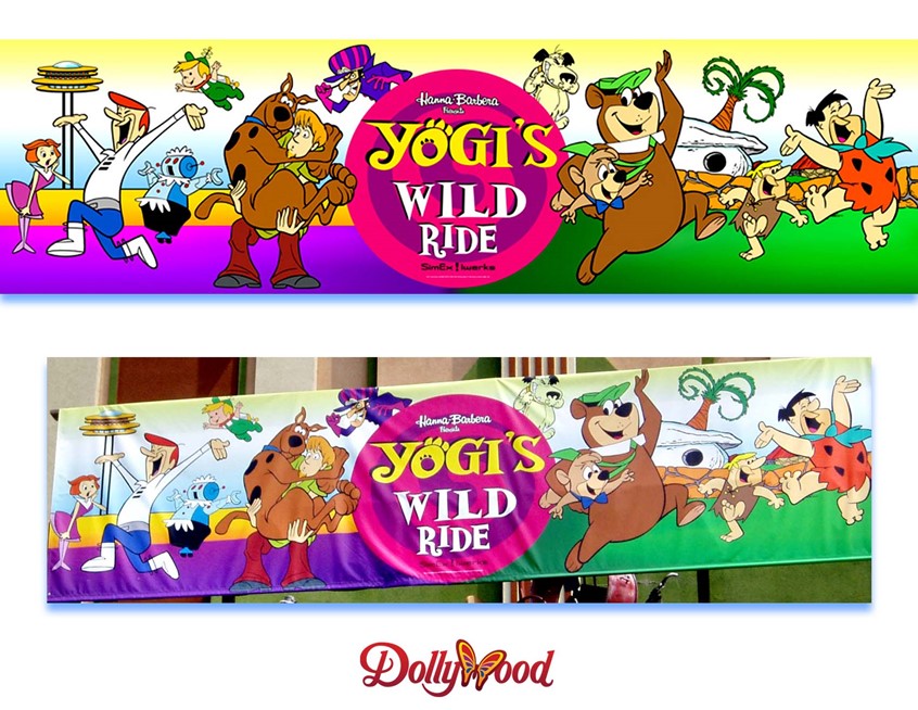 illustration of In 2005, Mr Scott was commissioned to created a 25ft. entrance banner featuring Hanna- Barbara All Stars. Yogi's WIld Ride, located at Dollywood theme park in Pigeon Forge, Tennessee.