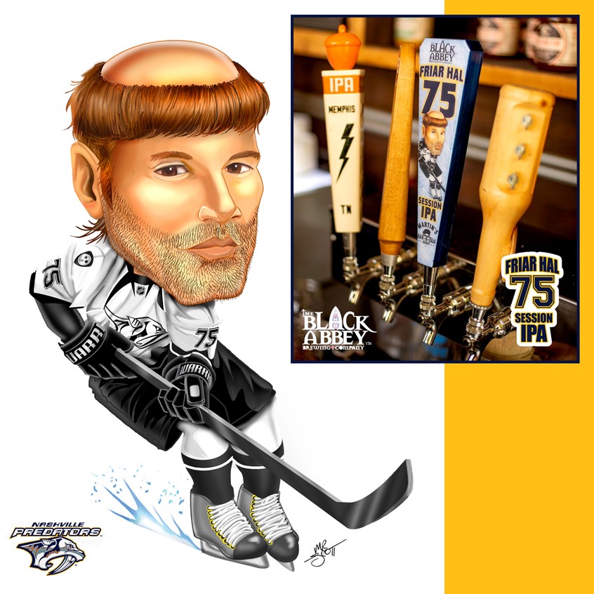 illustration of A few months ago our buddy Hal Gill was introduced to Carl Meier over at the Black Abbey Brewing Company, Pat Martin knew Hal's love of good beer and took Hal over to Black Abbey, one of his favorite local breweries. Over a few beers in the Black Abbey Taproom a plan was hatched. Hal and The Black Abbey team would collaborate to make a special beer. / This image was commissioned by Black Abbey Brewery for the Friar Hal 75 Session IPA beer label & tap. Featuring former NHL Champ - Hal Gill