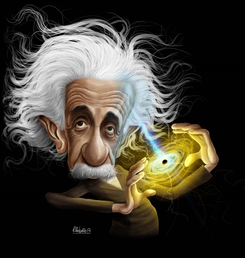 illustration of Portrait of Albert Einstein done in Procreate, digital, caricature, wormhole, science, people, humor, realism, cartoon, whimsical, sports, portraits of political personalities, portraits of business personalities, portraits of movie actors and actresses, celebrities, musicians, Tesla, electric vehicles, clean energy, politics, brexit, soccer.