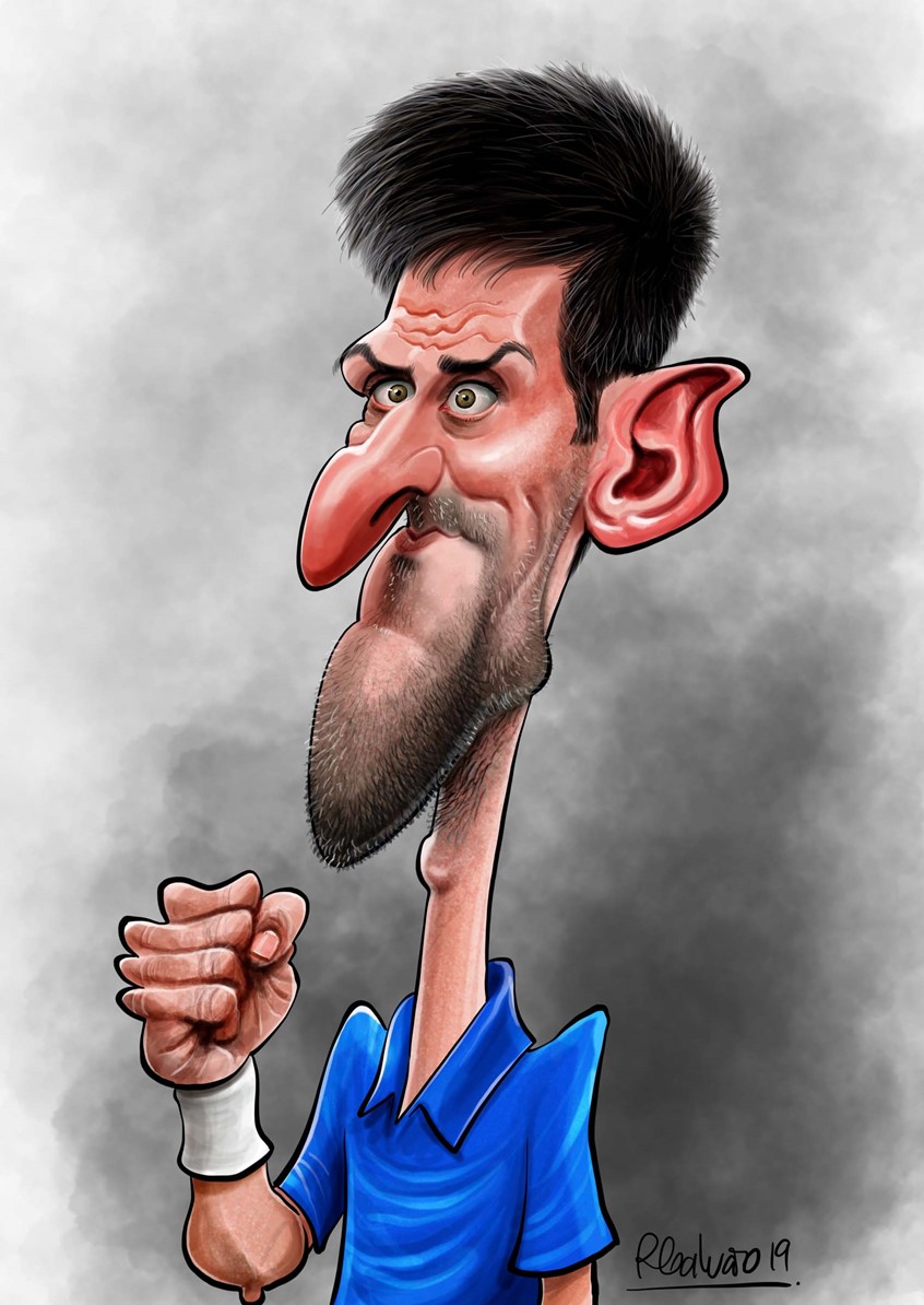 illustration of F/C caricature of the tennis player Novak Djokovic done in Procreate, digital, caricature, wormhole, science, people, humor, realism, cartoon, whimsical, sports, portraits of political personalities, portraits of business personalities, portraits of movie actors and actresses, celebrities, musicians,Tesla, electric vehicles, clean energy, politics, brexit, soccer.
