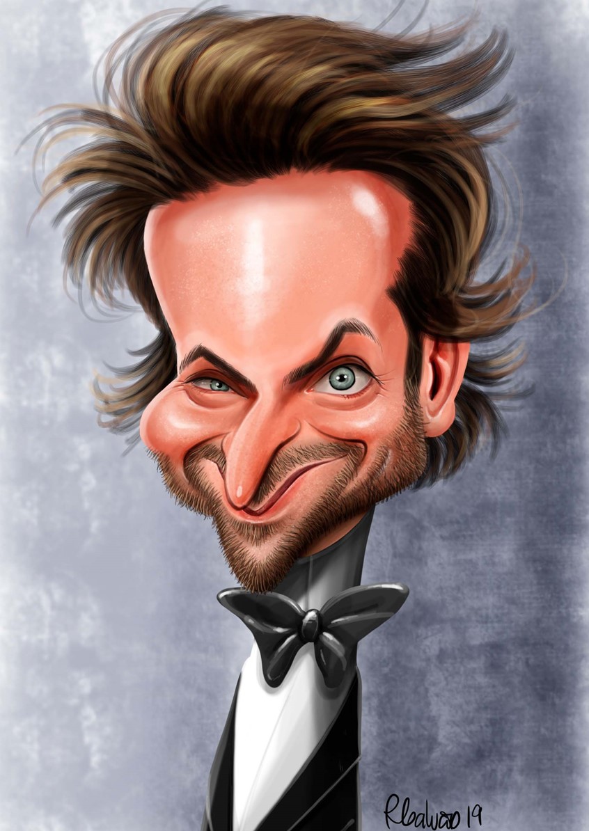 illustration of F/C caricature of the actor Bradley Cooper done in Procreate, digital, caricature, wormhole, science, people, humor, realism, cartoon, whimsical, sports, portraits of political personalities, portraits of business personalities, portraits of movie actors and actresses, celebrities, musicians, Tesla, electric vehicles, clean energy, politics, brexit, soccer.