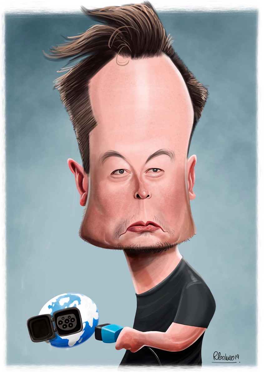 illustration of F/C caricature of the entrepreneur Elon Musk done in Procreate, digital, caricature, wormhole, science, people, humor, realism, cartoon, whimsical, sports, portraits of political personalities, portraits of business personalities, portraits of movie actors and actresses, celebrities, musicians, Tesla, electric vehicles, clean energy, politics, brexit, soccer.