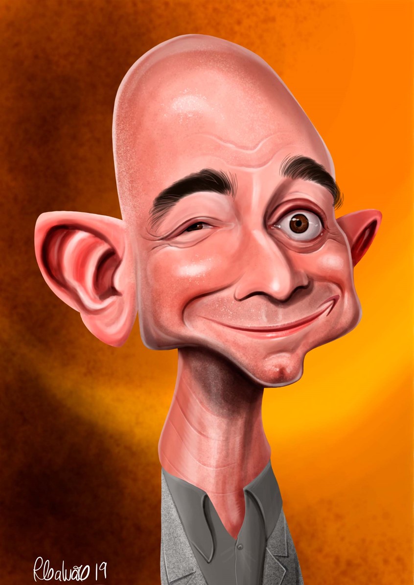 illustration of F/C caricature of entrepreneur Jeff Bezos done in Procreate, digital, caricature, wormhole, science, people, humor, realism, cartoon, whimsical, sports, portraits of political personalities, portraits of business personalities, portraits of movie actors and actresses, celebrities, musicians, Tesla, electric vehicles, clean energy, politics, brexit, soccer.