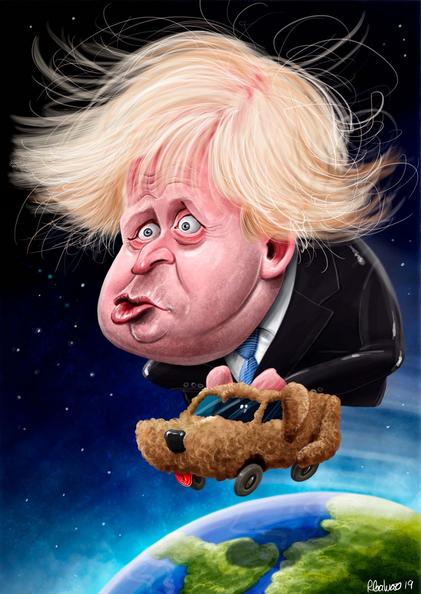 illustration of F/C caricature of the politician Boris Johnson done in Procreate, digital, caricature, wormhole, science, people, humor, realism, cartoon, whimsical, sports, portraits of political personalities, portraits of business personalities, portraits of movie actors and actresses, celebrities, musicians, Tesla, electric vehicles, clean energy, politics, brexit, soccer.