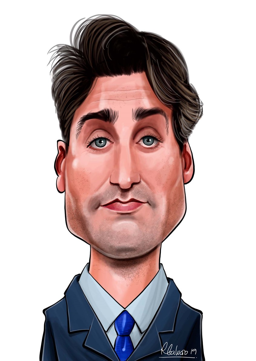 illustration of F/C caricature of the politician Justin Trudeau done in Procreate, digital, caricature, wormhole, science, people, humor, realism, cartoon, whimsical, sports, portraits of political personalities, portraits of business personalities, portraits of movie actors and actresses, celebrities, musicians, Tesla, electric vehicles, clean energy, politics, brexit, soccer.