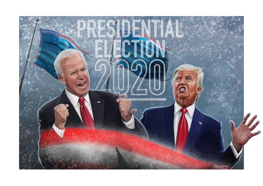 illustration of F/C caricature of the politicians Joe Biden and Donald Trump done in Procreate, digital, caricature, wormhole, science, people, humor, realism, cartoon, whimsical, sports, portraits of political personalities, portraits of business personalities, portraits of movie actors and actresses, celebrities, musicians, Tesla, electric vehicles, clean energy, politics, brexit, soccer.