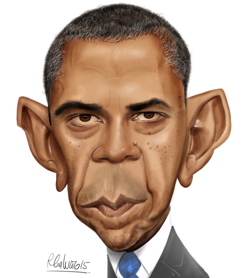 illustration of F/C caricature of the politician Barack Obama done in Procreate, digital, caricature, wormhole, science, people, humor, realism, cartoon, whimsical, sports, portraits of political personalities, portraits of business personalities, portraits of movie actors and actresses, celebrities, musicians, Tesla, electric vehicles, clean energy, politics, brexit, soccer.
