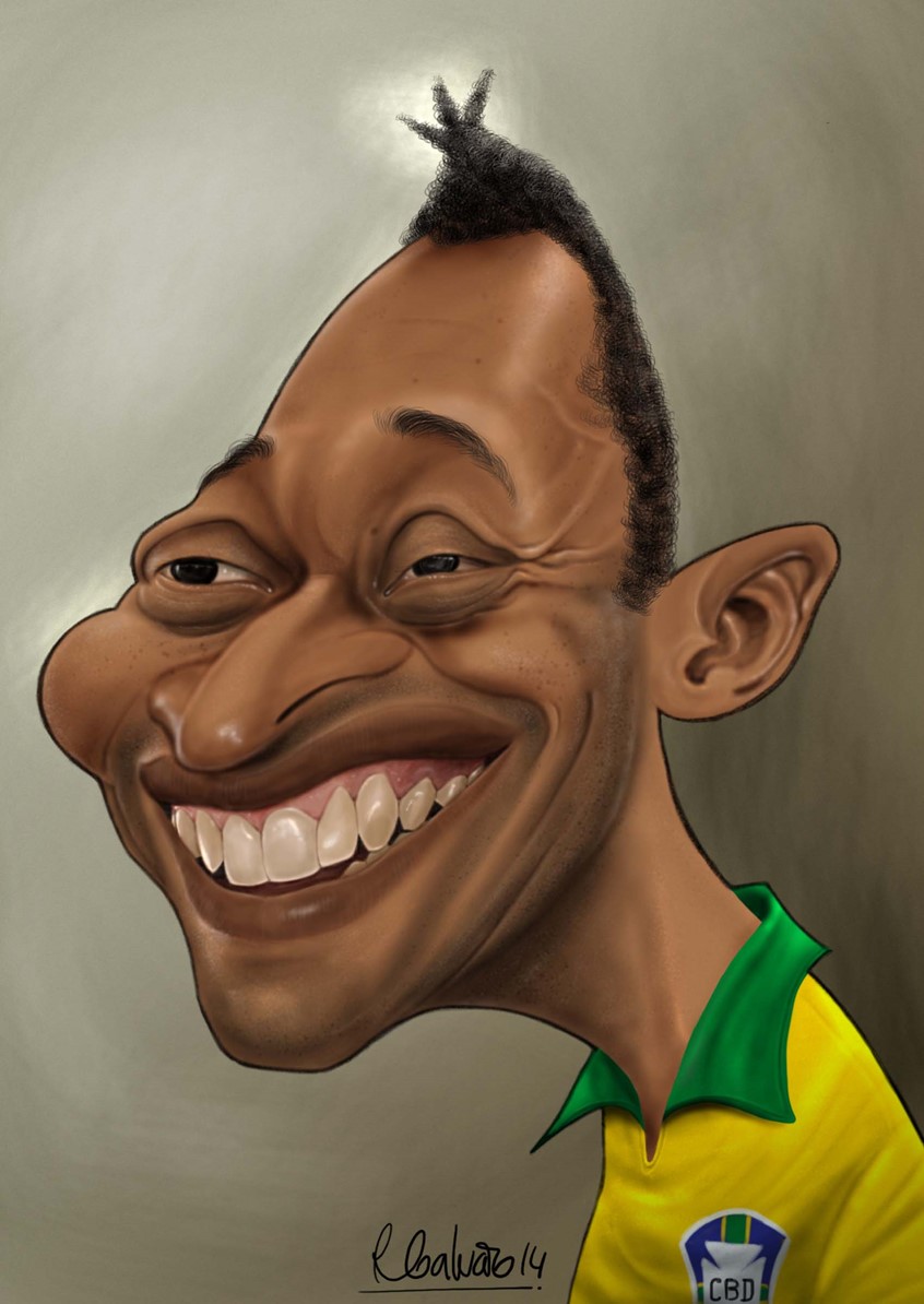 illustration of F/C caricature of the soccer player Pelé done in Procreate, digital, caricature, wormhole, science, people, humor, realism, cartoon, whimsical, sports, portraits of political personalities, portraits of business personalities, portraits of movie actors and actresses, celebrities, musicians, Tesla, electric vehicles, clean energy, politics, brexit, soccer.