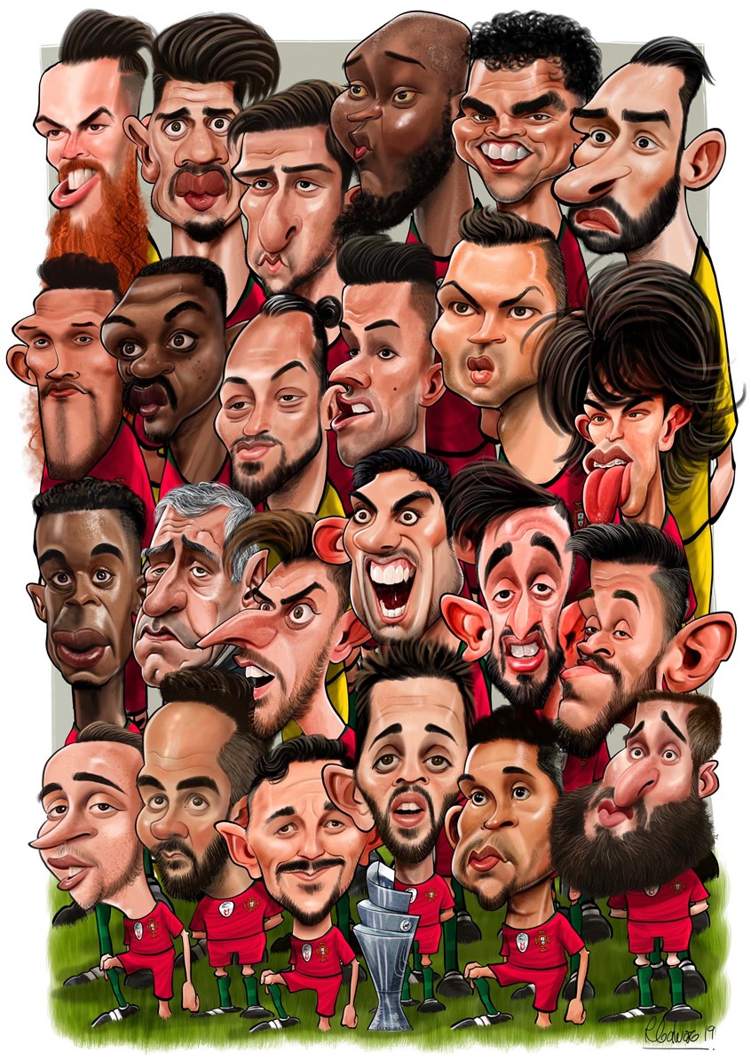 illustration of F/C caricature of the 2019 Portuguese soccer team done in Procreate, digital, caricature, wormhole, science, people, humor, realism, cartoon, whimsical, sports, portraits of political personalities, portraits of business personalities, portraits of movie actors and actresses, celebrities, musicians, Tesla, electric vehicles, clean energy, politics, brexit, soccer, basketball.