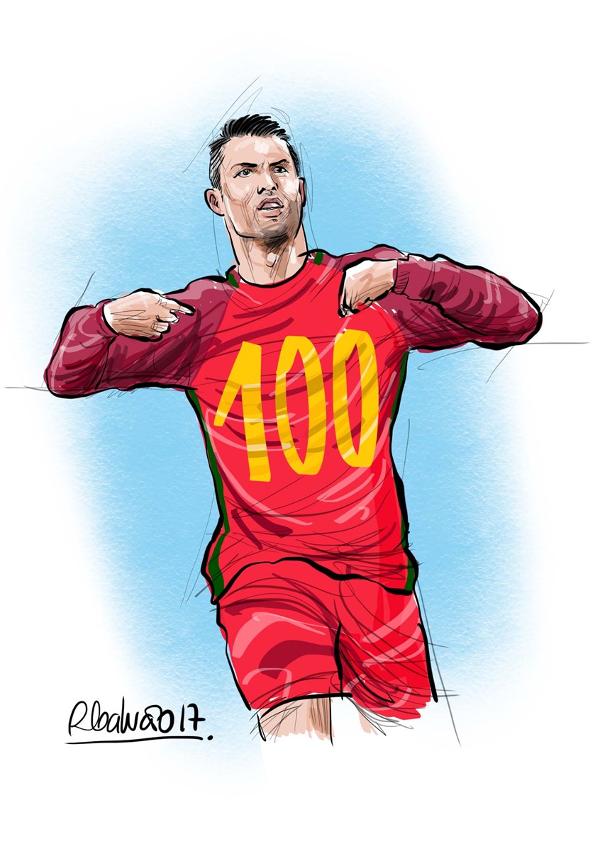 illustration of F/C caricature of the soccer player Cristiano Ronaldo done in Procreate, digital, caricature, wormhole, science, people, humor, realism, cartoon, whimsical, sports, portraits of political personalities, portraits of business personalities, portraits of movie actors and actresses, celebrities, musicians, Tesla, electric vehicles, clean energy, politics, brexit, soccer, basketball.