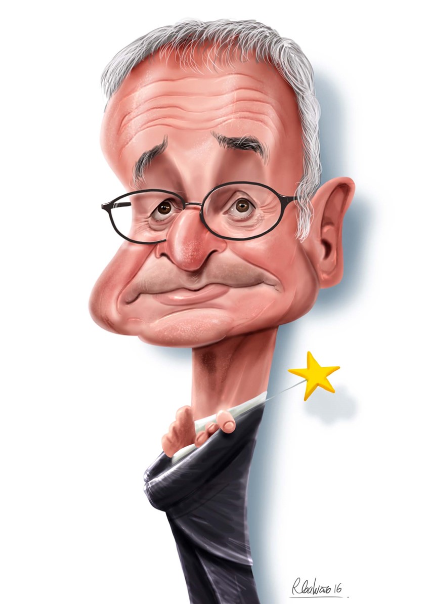 illustration of F/C caricature of the soccer coach Claudio Ranieri done in Procreate, digital, caricature, wormhole, science, people, humor, realism, cartoon, whimsical, sports, portraits of political personalities, portraits of business personalities, portraits of movie actors and actresses, celebrities, musicians, Tesla, electric vehicles, clean energy, politics, brexit, soccer, basketball.