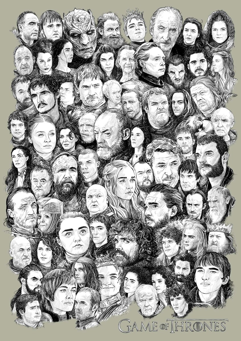 illustration of B/W portraits of Game of Thrones cast done in Procreate, digital, caricature, wormhole, science, people, humor, realism, cartoon, whimsical, sports, portraits of political personalities, portraits of business personalities, portraits of movie actors and actresses, celebrities, musicians, Tesla, electric vehicles, clean energy, politics, brexit, soccer, basketball.