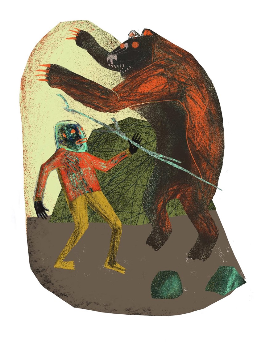 illustration of An other worldly explorer finds himself face to face with a giant bear.
Bear, prehistoric, alien, attack, nature, hiking, outdoors, weird, odd, Abstract, Rock, Rocks, Snake, Rattlesnake, moon. desert, nature, space, landscape, face, worldly, explorer, prehistoric, alien, attack, nature, hiking, outdoors, weird, odd, Science, fiction inspired, peaceful, calm, serine, midcentury, modern, modernism, line, airbrush, texture