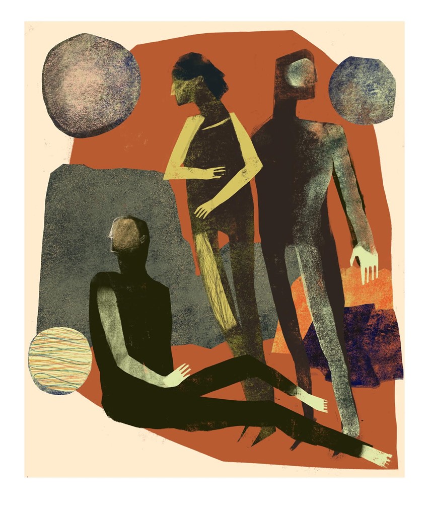 illustration of Rock, Rocks, void, nature, space, faceless, weird, group, lounging, figurative, figures,
worldly, explorer, prehistoric, alien, attack, nature, hiking, outdoors, weird, odd, Science, fiction inspired, peaceful, calm, serine, midcentury, modern, modernism, line, airbrush, texture, future, people, couples, mental, health, isolation, lonely,
conceptual, conceptual art