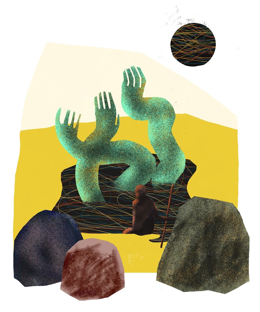 illustration of Science fiction inspired spear fishing scene.
Rock, Rocks, moon, desert, nature, space, landscape, face, weird, monster, hands, fishing, spear, tentacles, conceptual, conceptual art
worldly explorer, prehistoric, alien, attack, nature, hiking, outdoors, weird, odd, Science, fiction inspired, peaceful, calm, serine, midcentury, modern, modernism, line, airbrush, texture