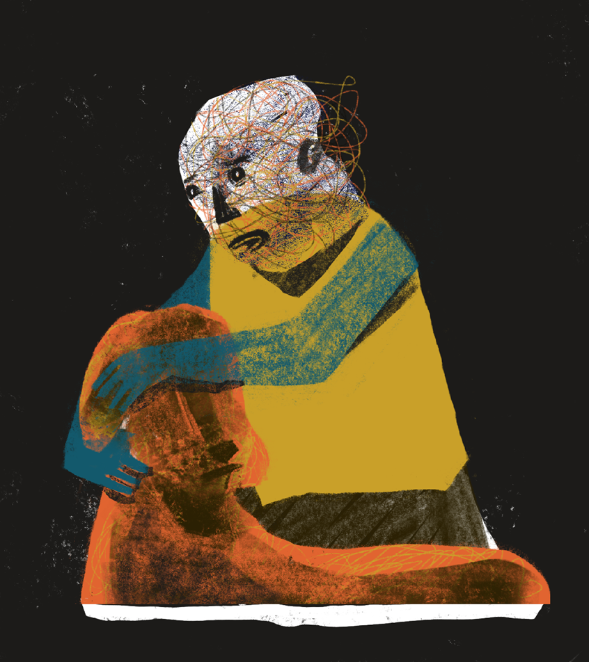 illustration of Domestic scene of a man protecting his dog.
face, weird, nature, weird, odd, Science, fiction inspired, peaceful, calm, serine, midcentury, modern, modernism, line, airbrush, texture, dog, dogowner, pet, pets, domestic, fear, love, help, service, sadness, conflict, put, down,