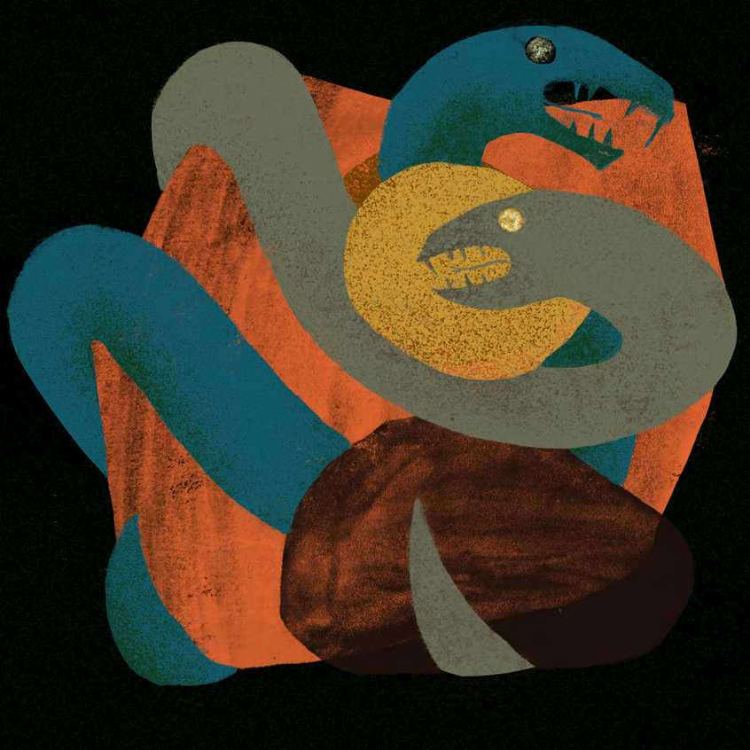 illustration of Two eels frolicking in the ocean deep.
Rock, Rocks, Snake, eel, electric eels desert, nature, space, landscape, face, weird, prehistoric, attack, nature, hiking, outdoors, weird, odd, Science, fiction inspired, peaceful, calm, serine, midcentury, modern, modernism, line, airbrush, texture, animals, fish, conceptual, conceptual art