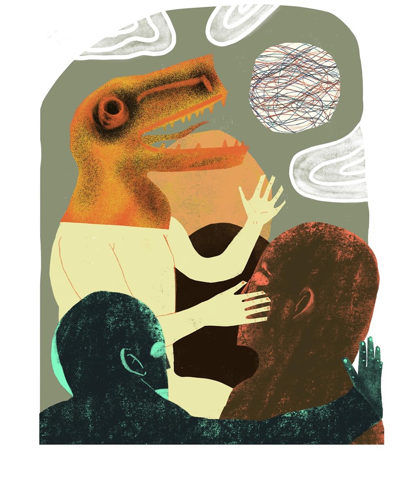 illustration of Rock, Rocks, void, nature, space, faceless, weird, dinosaur, figurative, line, drawing, people, group, collage, raptor,
worldly, explorer, prehistoric, alien, attack, nature, hiking, outdoors, weird, odd, Science, fiction inspired, peaceful, calm, serine, midcentury, modern, modernism, line, airbrush, texture, animal, conceptual, conceptual art