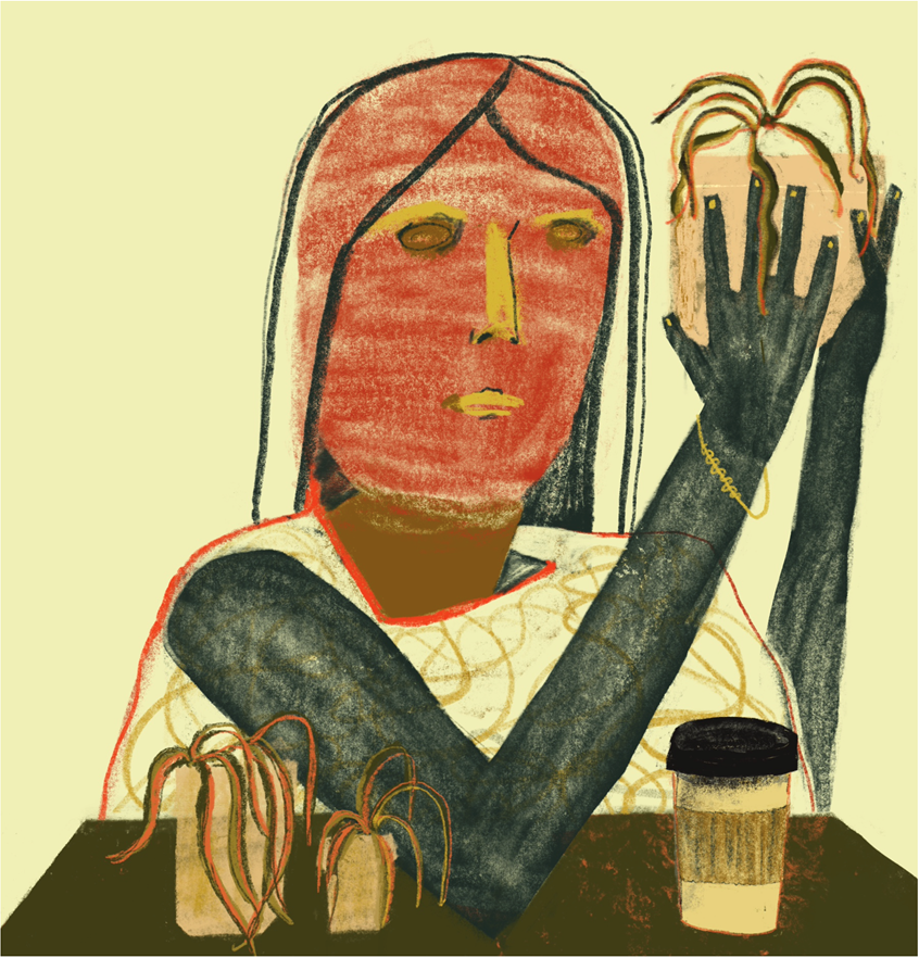 illustration of Girl stares lovingly at her dying house plant while her coffee gets cold.
Plants, houseplants, floral, cup, coffee, table, girl, woman, figure, person, pots, pot, death, failure, redemption, habit, loneliness, isolation, choice, female, sanctuary, house, home, comfort, gift, sacred, conceptual, conceptual art