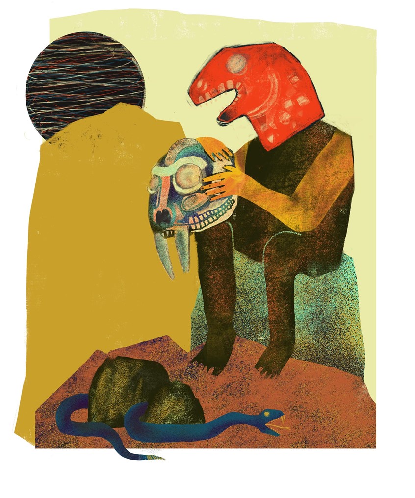 illustration of A man in a dinosaur mask muses over the remains of an ancient cat.
, Rock, Rocks, Snake, Rattlesnake, void, nature, space, faceless, weird, sabertooth, Trex, dinosaur, figure, landscape, rocks, desert, conceptual, conceptual art, worldly, explorer, prehistoric, alien, attack, nature, hiking, outdoors, weird, odd, Science, fiction inspired, peaceful, calm, serine, midcentury, modern, modernism, line, airbrush, texture, animal, animal skull, cat, lone, lonely, lost,
