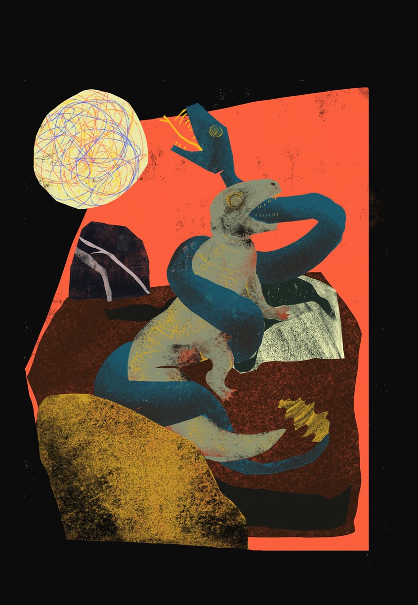illustration of Lizard killing a rattlesnake
Rock, Rocks, space, moon. weird,
worldly explorer, prehistoric, alien, attack, nature, hiking, outdoors, weird, odd, Science, fiction inspired, peaceful, calm, serine, midcentury, modern, modernism, line, airbrush, texture, Animal, dino, dinosaur, lizard, reptile, snake, rattlesnake, cosmic, monster, conceptual, conceptual art