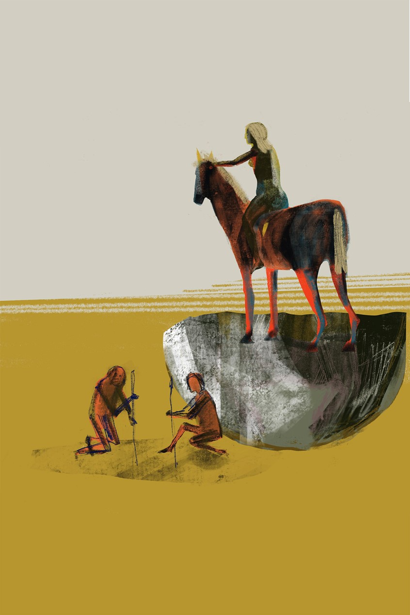illustration of
nature, weird, horseback, explorer, prehistoric, attack, nature, hunters, outdoors, weird, odd, Science, fiction inspired, peaceful, calm, serine, midcentury, modern, modernism, line, airbrush, texture, animal, man, horse, woman, conceptual, conceptual art