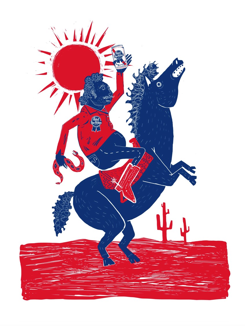 illustration of Entry into the yearly PBR can design contest.
beer, horse, cowboy, silly, snake, rattlesnake, cactus, sun, drinking, fat, goofy, desert, mustache, mullet, pabst, blue, ribbon, can, jeans, boots, western,