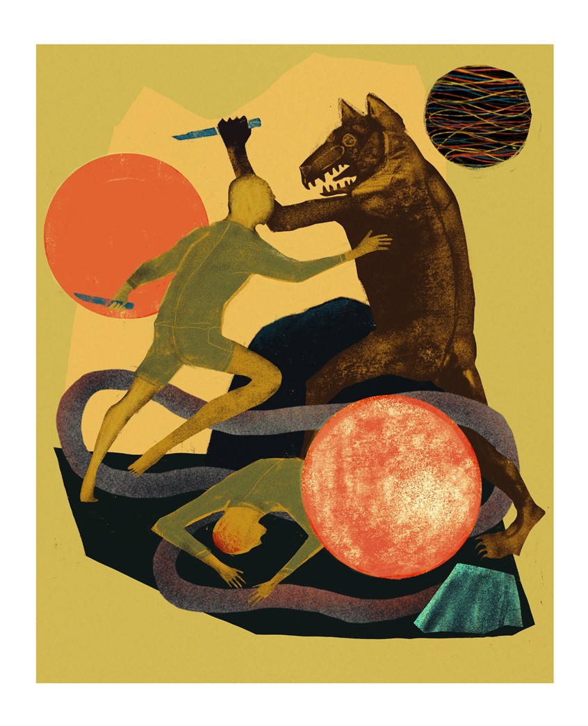 illustration of Otherworldly scene of two men in battle with a monstrous creature.
wolf, werewolf, orbs, green, yellow, cutout, fight, action, death, knives, energy, void, space, weird, odd, energetic, action, rat, spacey, retrofuture,