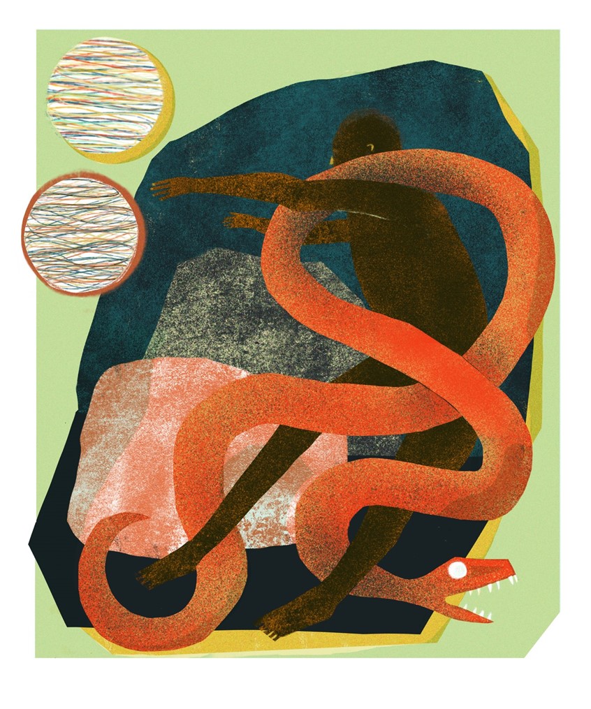 illustration of Exploring the idea of being pulled from nature by ideologies
attack, taken, embraced, surprised, pulled, ambush, demon, wrapped, choked, overwhelm, pray, fight, animal, moon. nature, space, face, weird, conservation, equality, ownership, identity, void, weird, odd, midcentury, modern, modernism, line, airbrush, texture, fineart, figure, lost, rocks, sun, moon, snake, conceptual, conceptual art