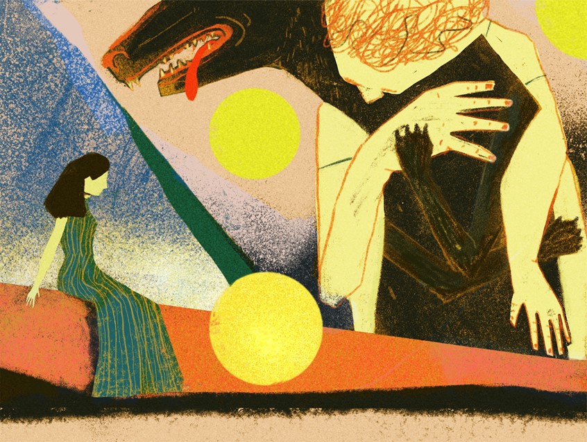 illustration of Image used fr an experimental poetry book by Dutch web magazine De Optimist.
dogs, dog, figurative, men, woman, fountains, water, street scene, wolf, nature, sad, fountain, girl, conceptual, black dog
