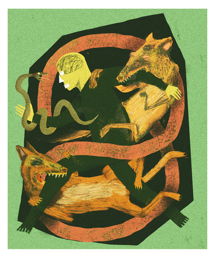 illustration of Figurative, Anxiety, insanity, mental illness, cycle of mental illness, wolves, dogs, snake, running, escape, weight, attack, animal attack, frazzled, figure eight, problems, modern world, stress, conceptual