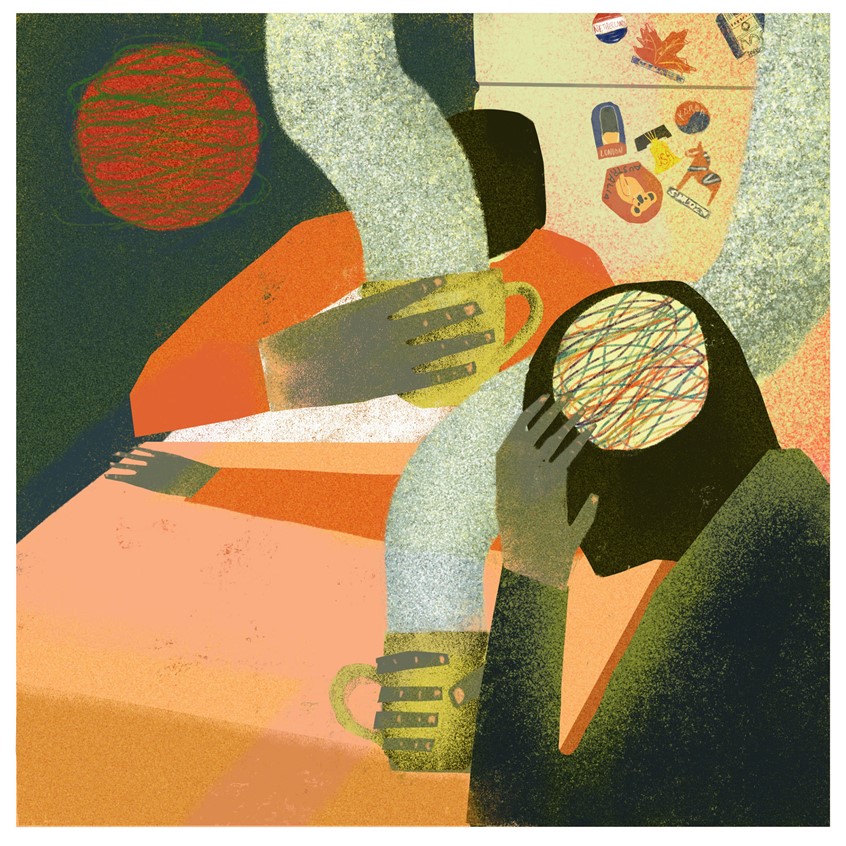 illustration of Another one for Di optimist. “This could be the middle” a great story by writer Sam Hoeck.
Family, relationships, drama, coffee, travel, dining room, kitchen, conversation, tough conversation, home, covid, quarantine, conceptual